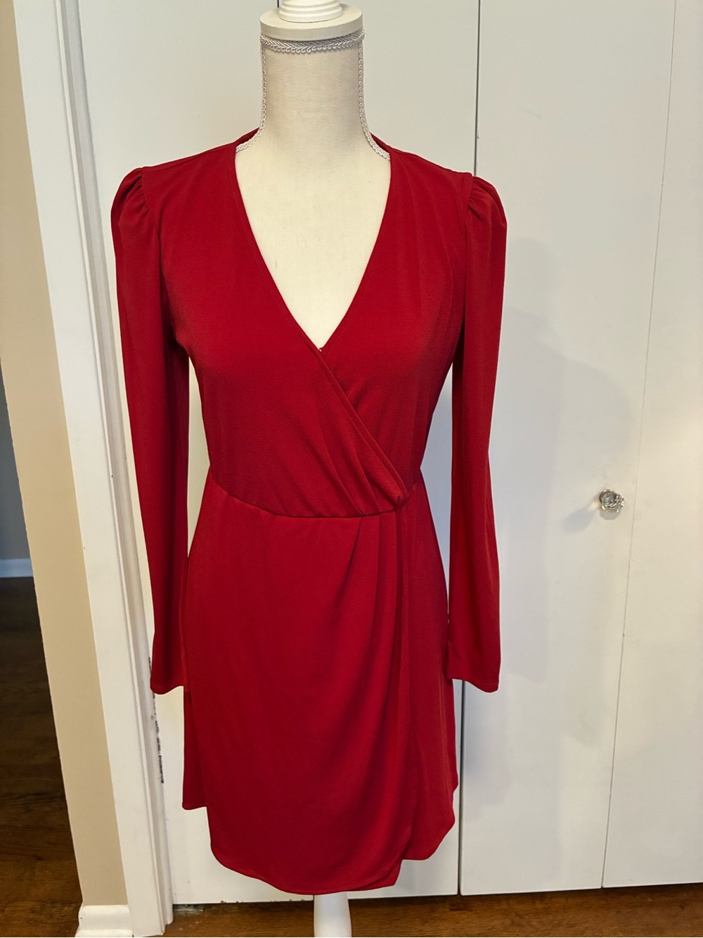 Nine West Crimson Faux-Wrap Long Sleeve Dress